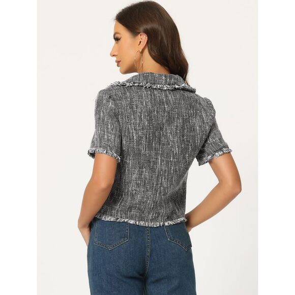 Tweed Shirt with Tassel Cropped Length Short Sleeve Shirt Black - Picture 4 of 5